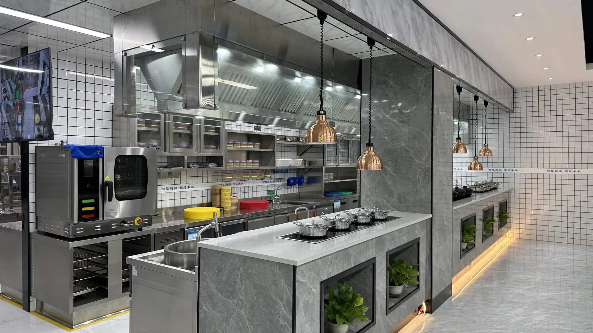 Smart open kitchen demonstration zone with commercial equipment