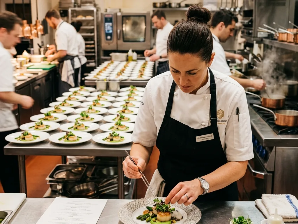 Chefs preparing and plating dishes for a large catering banquet event