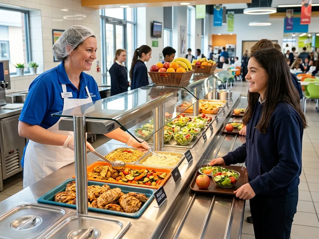 Cafeteria staff preparing food at a modern service counter with warm lighting